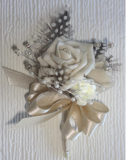 Champagne & Nude Rose & Guinea Feather Corsage